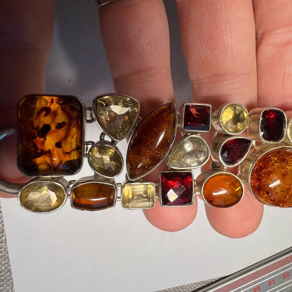 Multi-gemstone Baltic Amber Genet and Citrinewide Sterling silver bracelet